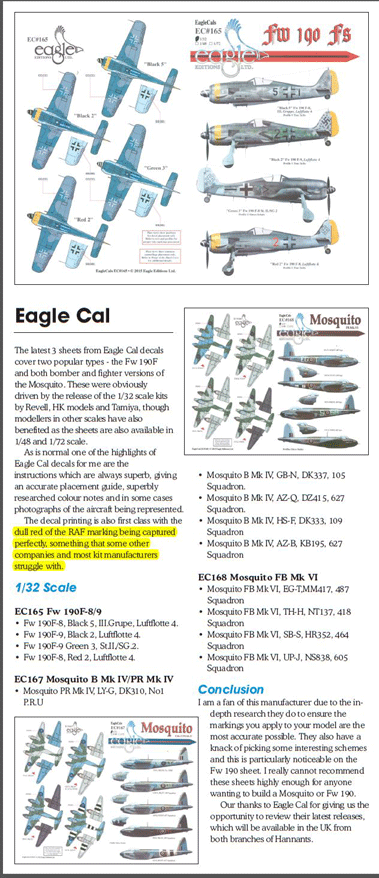 EagleCals Decals 1/48 DE HAVILLAND MOSQUITO B.Mk.IV & PR.Mk.IV 